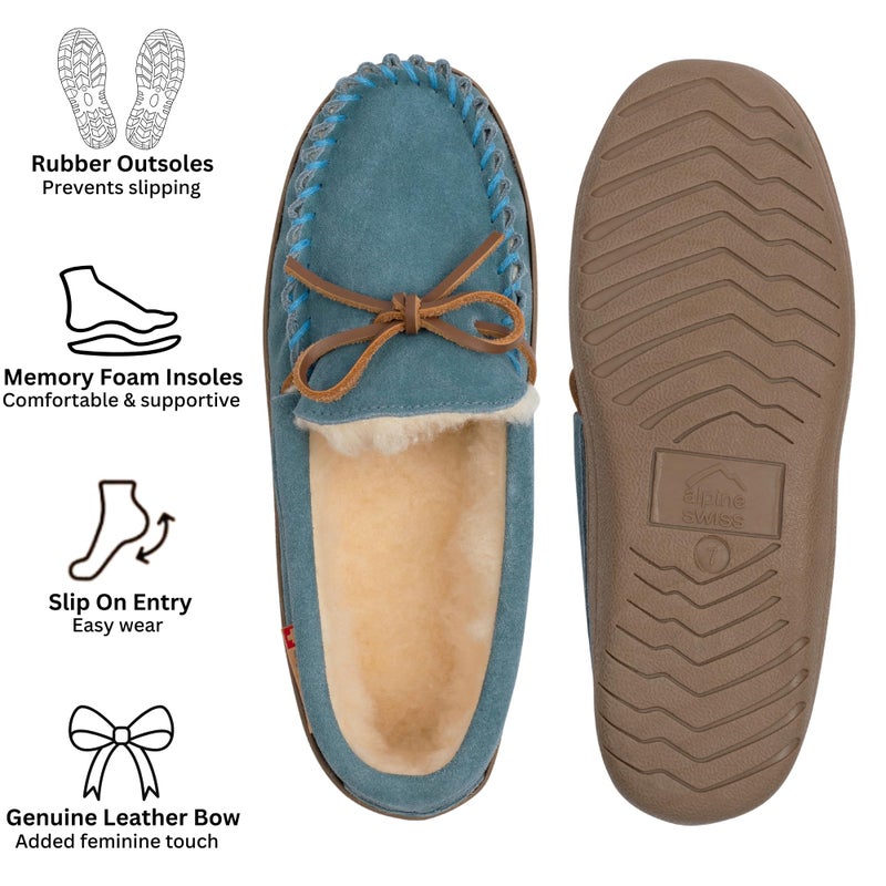 Alpine Swiss Sabine Womens Moccasin Slippers Genuine Suede House Shoe Memory Foam Insole Plush Faux Shearling Fur Indoor Outdoor Anti-Slip Rubber Sole BLU 8 - Image 2